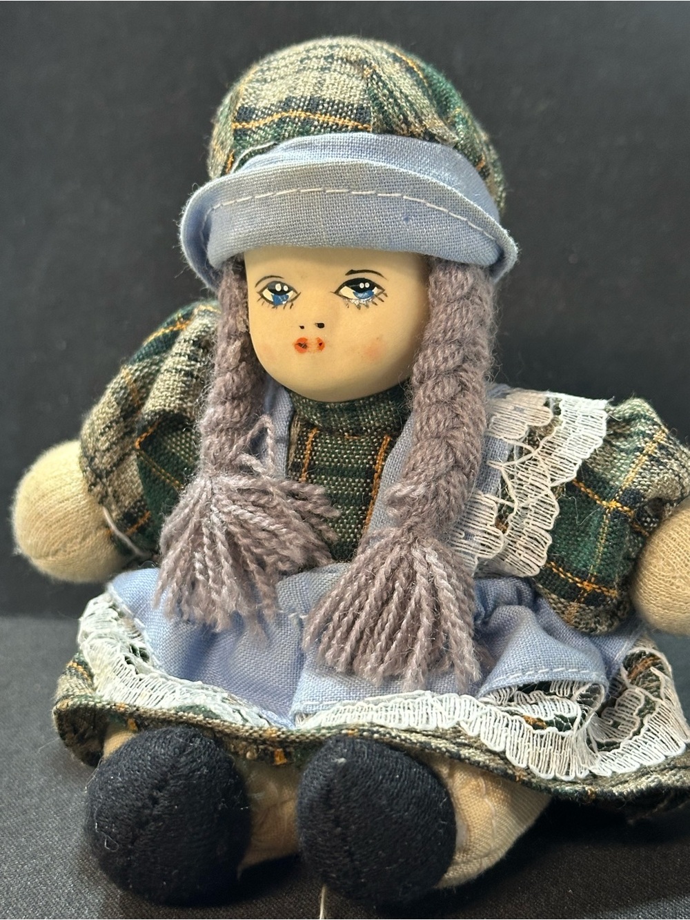 Vintage Collectable Handmade Plaid Doll with Blue Dress and Knit Hair